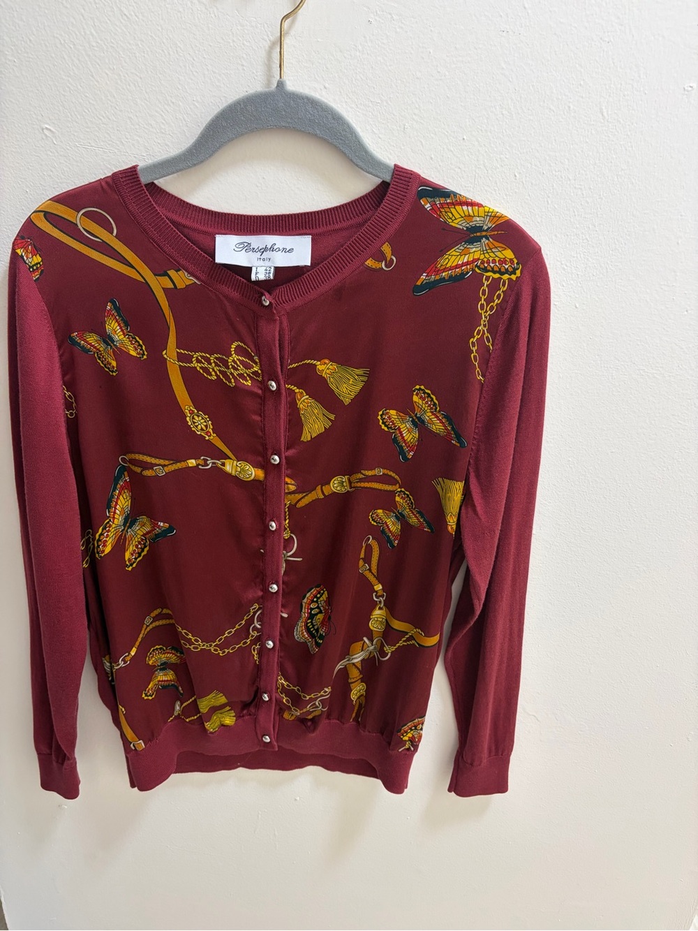 Burgundy and Gold Chain with tassels and butterflies Cardigan Sweater.